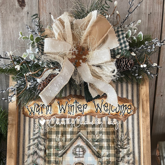 Rustic WARM WINTER WELCOME Cottage House Sign – 12x12 (14” with bow)