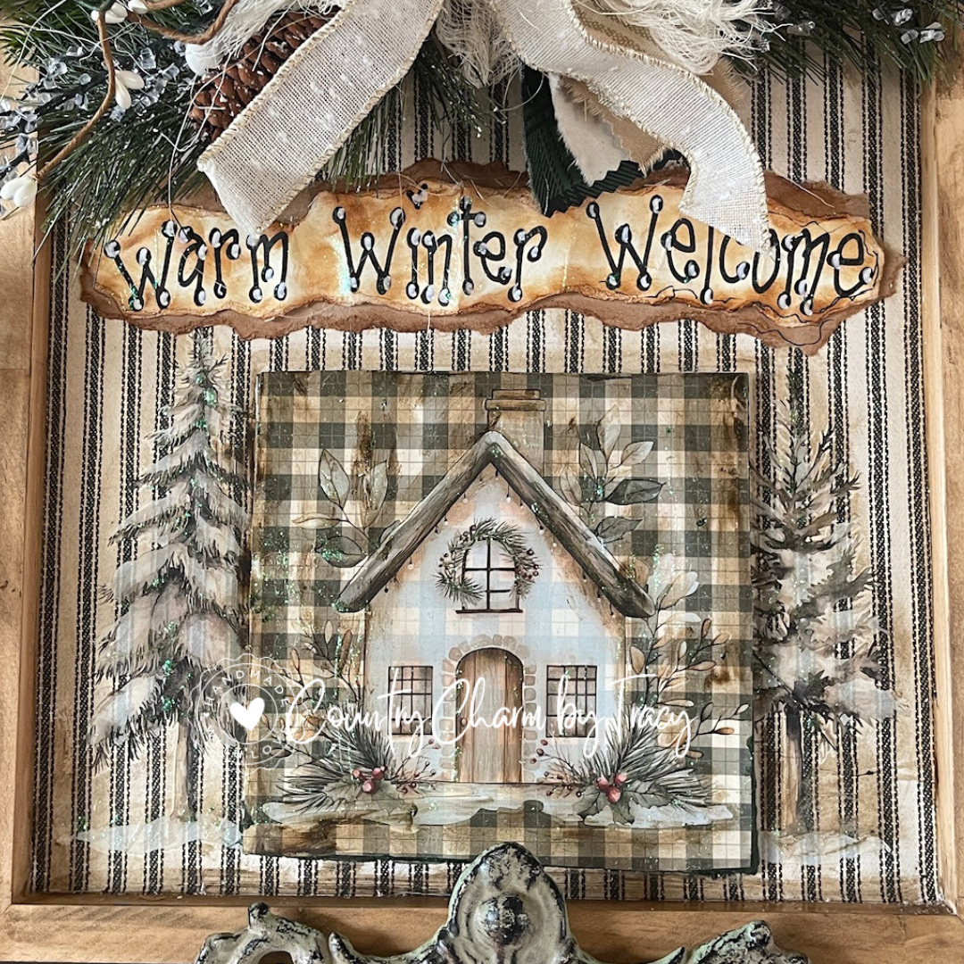Rustic WARM WINTER WELCOME Cottage House Sign – 12x12 (14” with bow)