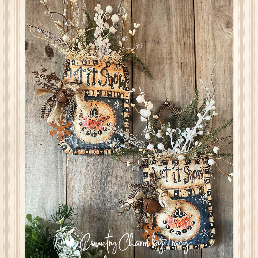 (Dark denim) Let It Snow” Winter Wall Pocket - HandPainted Jean Pocket