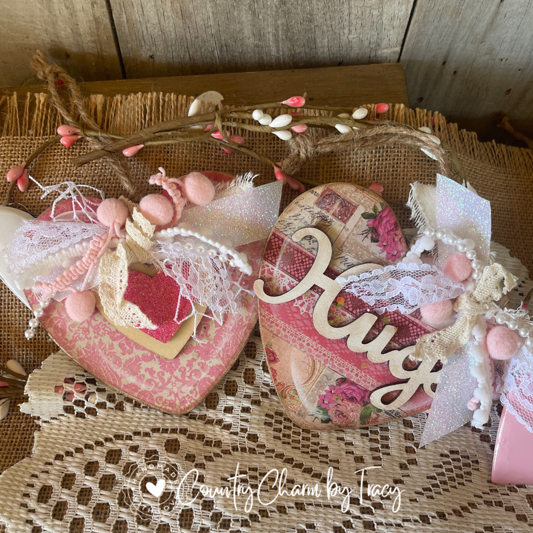 SET OF 4 – Pink & Cream Heart Ornaments or Bowl Filers - (Set 1)