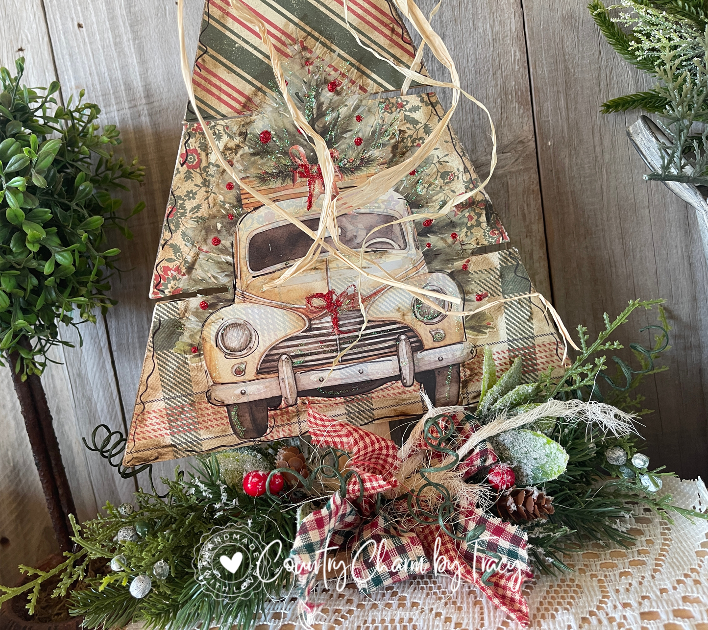 Rustic Wood Tree with Vintage Christmas Truck