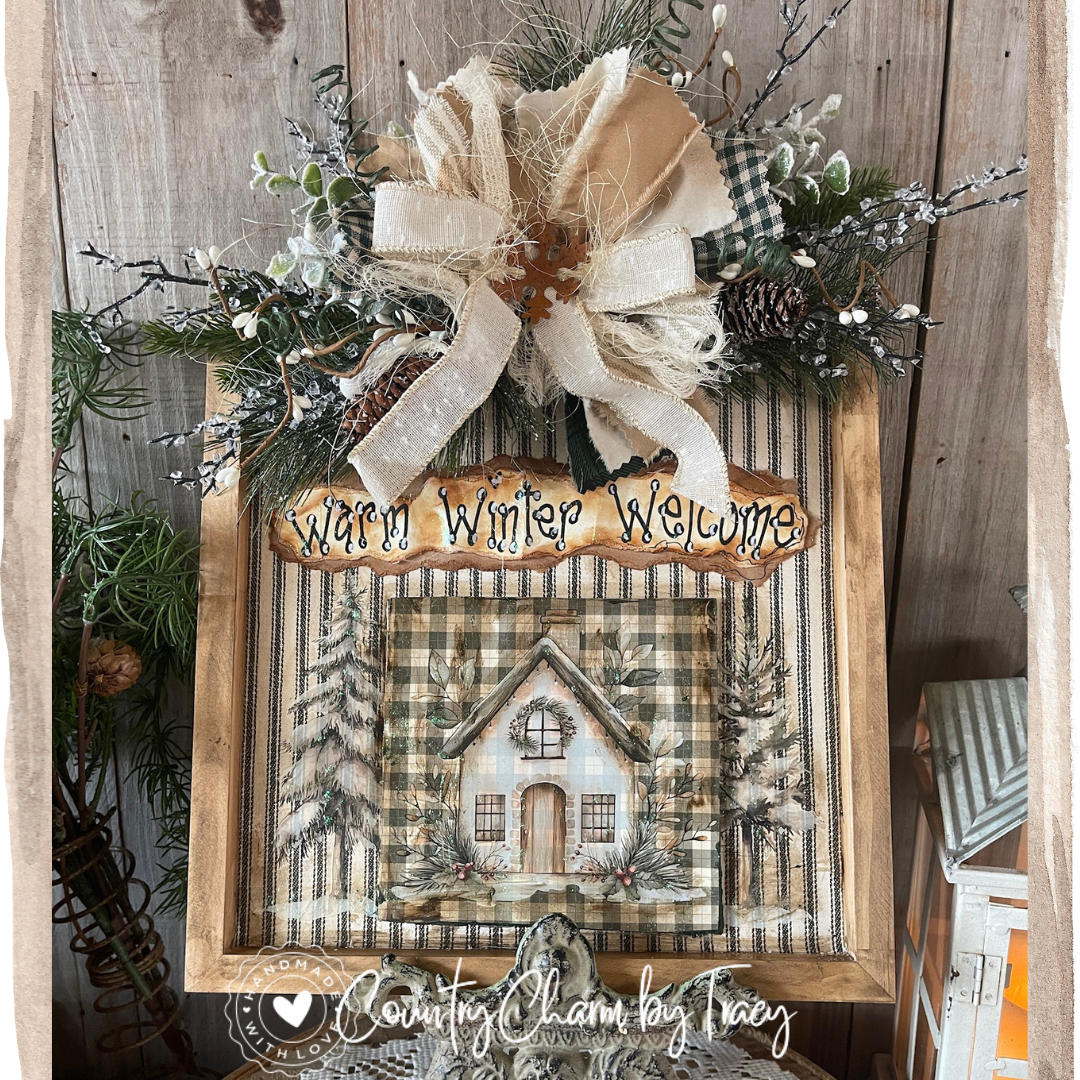 Rustic WARM WINTER WELCOME Cottage House Sign – 12x12 (14” with bow)
