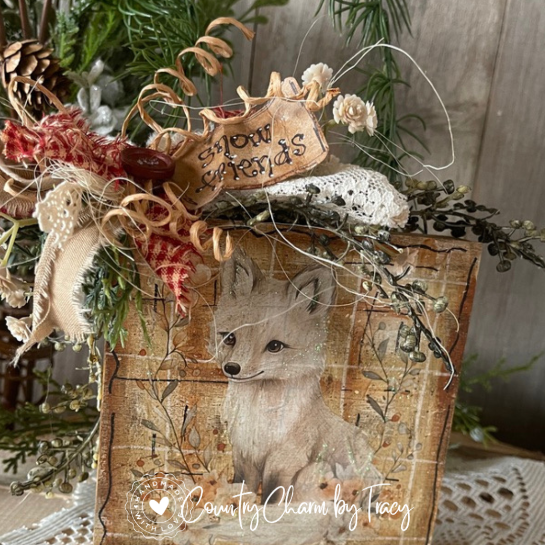 SNOW FRIENDS Rustic Fox Décor Block – 5x5