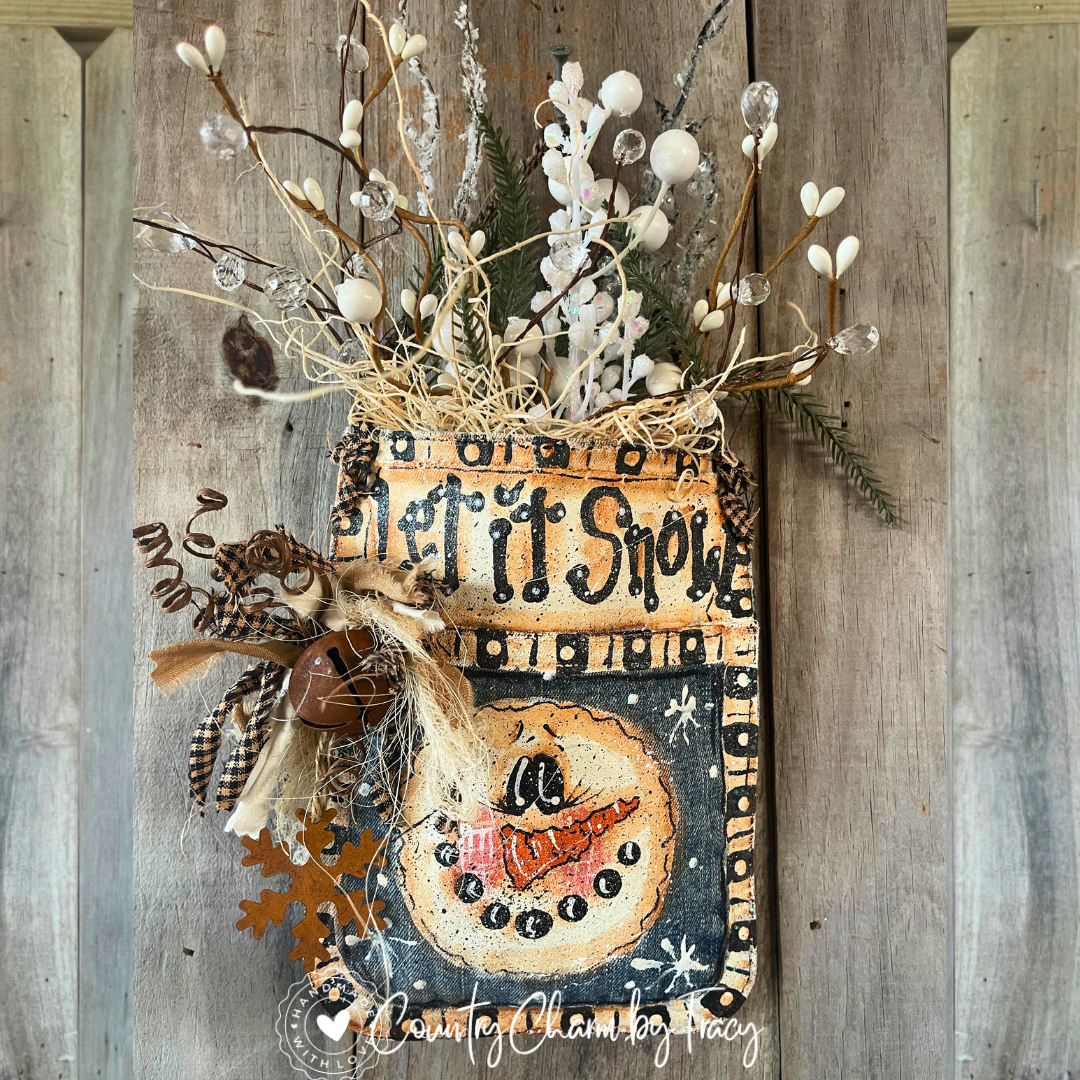 (Light denim) Let It Snow” Winter Wall Pocket - HandPainted Jean Pocket