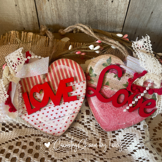 SET OF 4 – Red & Cream Heart Ornaments or Bowl Fillers