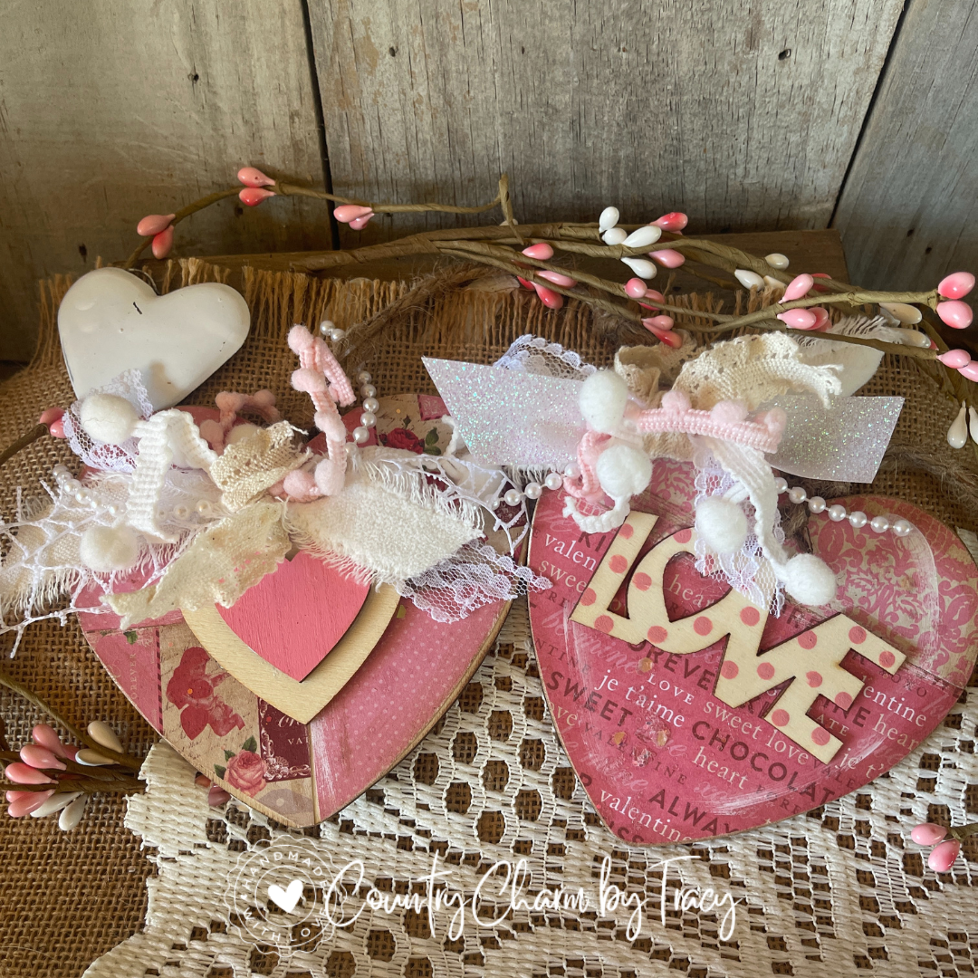 SET OF 4 – Hot Pink & Cream Heart Ornaments or Bowl Fillers (Set 2)