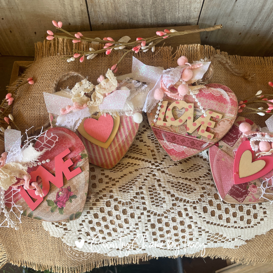 SET OF 4 – Hot Pink & Cream Heart Ornaments or Bowl Fillers (Set 2)