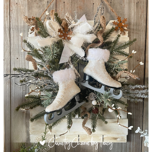 Rustic Winter Skates Door/Wall Decor – 12” x 15” White Fence